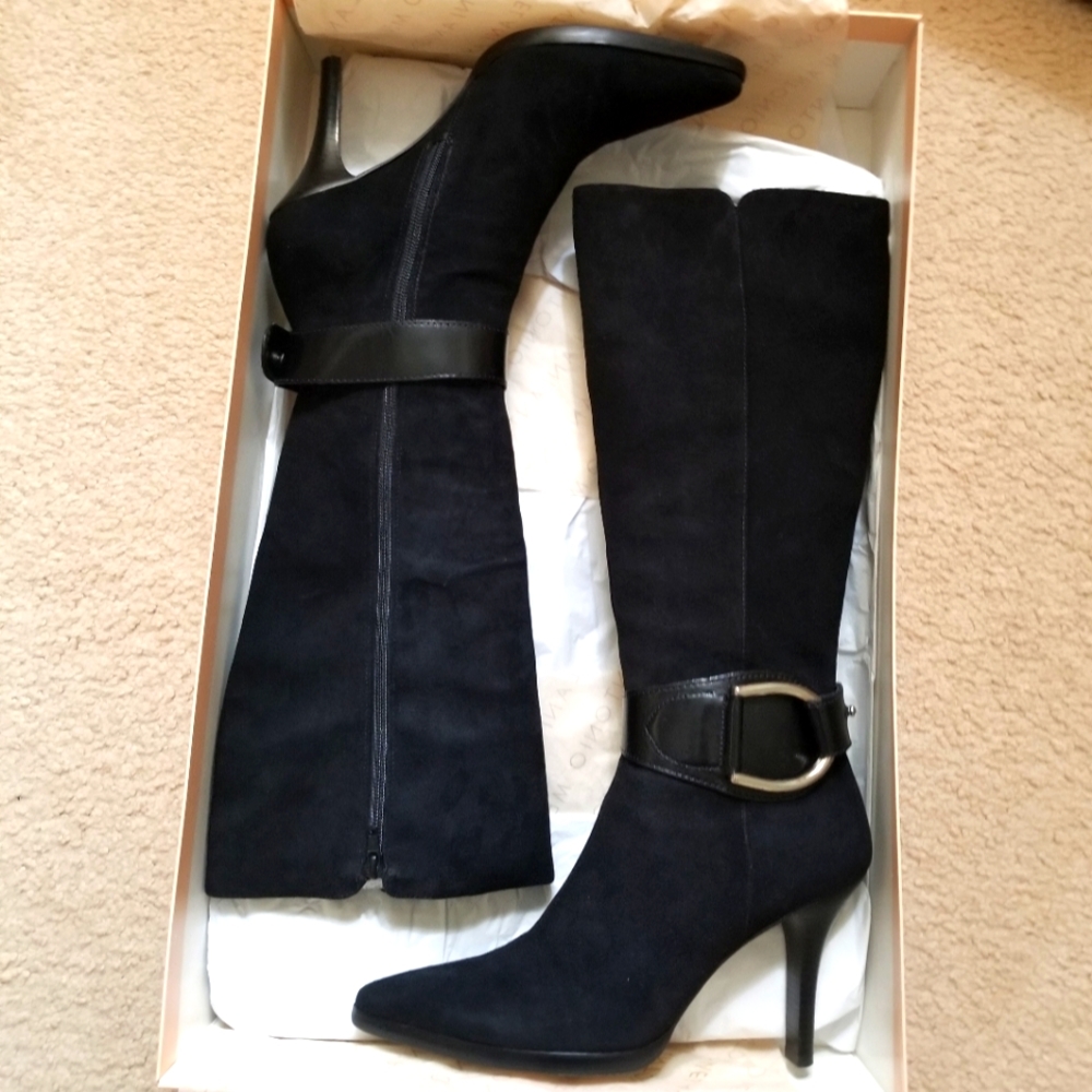 Antonio Melani Black Suede Knee-high Boots with side buckle. Size 9 very stylish